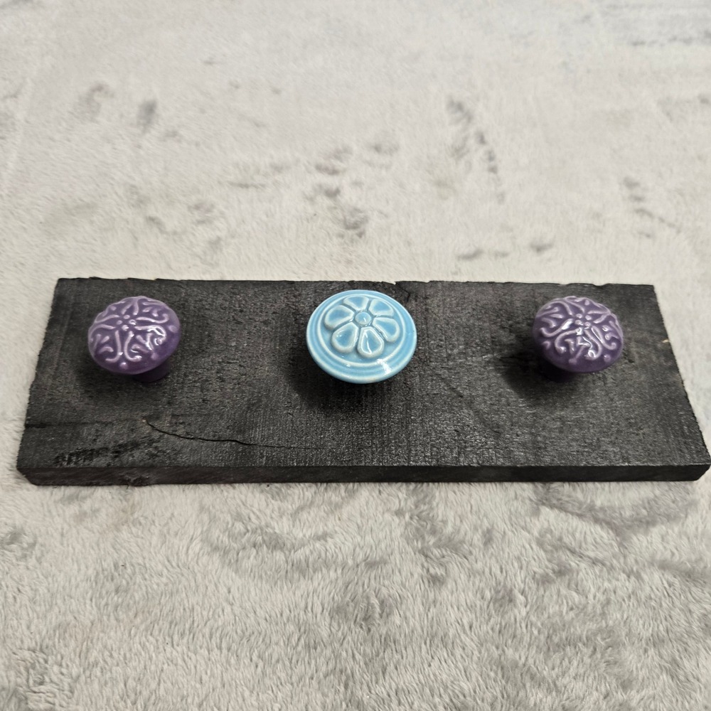 Handmade Rustic Wood Wall Rack 3 Ceramic Knobs Blue Purple Floral Boho Decor
